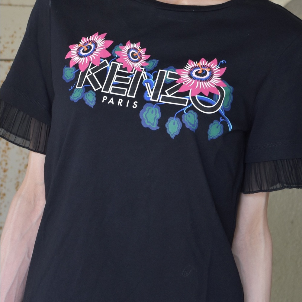 Kenzo Black Tee with Pink Floral Accents